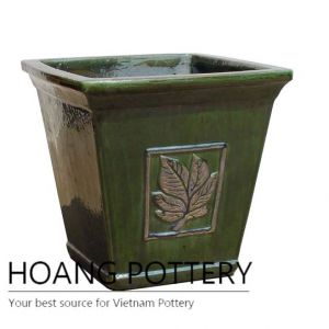 Glass green low square ceramic planter