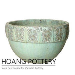 Low Round Leaf Pattern Ceramic Planter