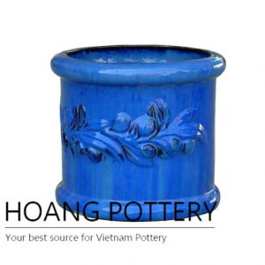 Olive blue round ceramic planter