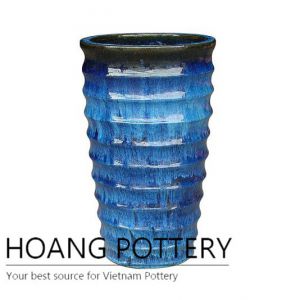 Wave blue tall round ceramic planter